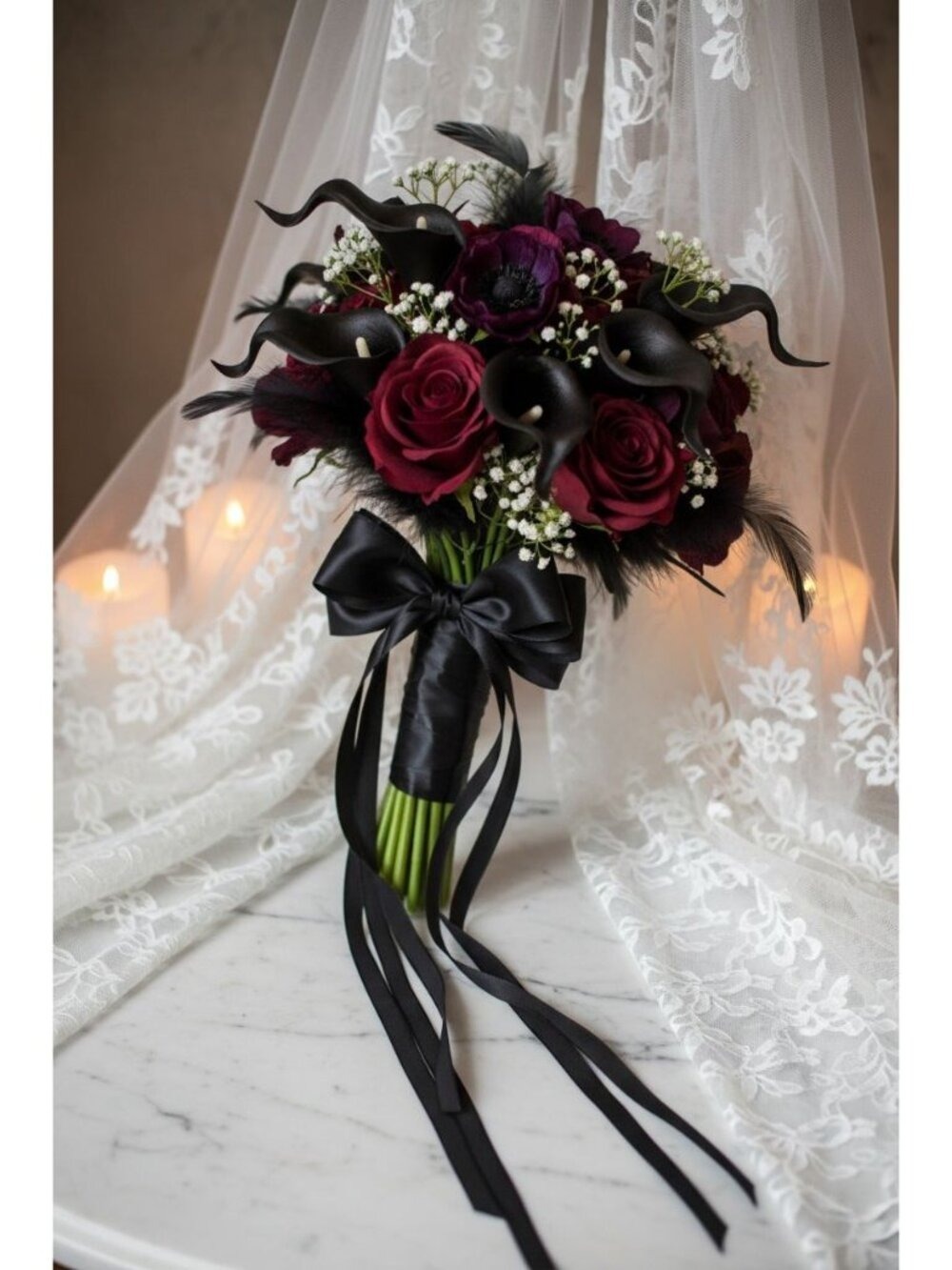 Black Calla Lily Artificial Flowers Set of 5 Stems Gothic Modern Decor - Picture 3 of 16
